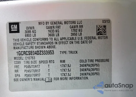 2013 Chevrolet Silverado C1500 Lt z USA, uszkodzony, nr VIN 1GCRCSE04DZ333953